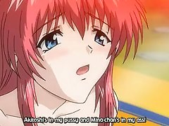 Redhead chick is getting fucked by a horny guy, while a hot girl is grabbing her tits