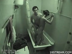 An amateur girl invited her roommate to join her in the bathroom, in front of the camera
