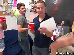 A large group of college boys and girls are about to have an orgy in the dorm