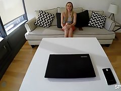 Slim blonde babe is getting banged in a huge living room, in the middle of the day