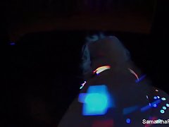 Great looking blonde woman with curves, Samantha Saint is posing and teasing on the stage