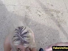 British blonde is sucking a rock hard dick in the back of a huge car