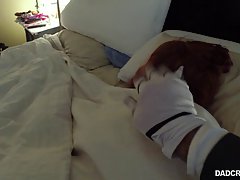 Masked maid is kneeling on the floor and sucking a massive cock, in the bathroom