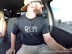 Amateur blonde bitch is sucking her partner’s cock, on the front seat of his car