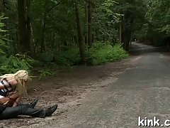 Blindfolded blonde got fucked from the back on the bench and enjoyed it a lot