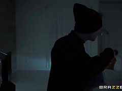 Big titted blonde woman, Nicole Aniston is wearing black, fishnet stockings, while getting fucked