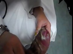 Mature woman is dipping her lover's dick into various sweets and licking it like a pro