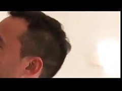 Cock loving brunette is doing it with three guys at the same time, in her bedroom