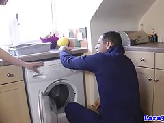 Happy lady customer is having wild sex with her repairman, who fixed her washing machine