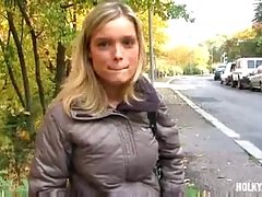 Fresh, Czech blonde with nice, firm tits is sucking a stranger's dick because she needs money