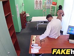 Brunette with small tits is wearing nothing but black stockings while having sex with her doctor