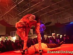 Petite blonde was dancing on the stage and slowly getting ready to fuck her partner