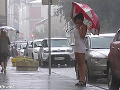 Great looking brunette, Jeny Smith is enjoying to be naked in various public places, while raining
