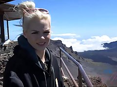 Small titted blonde teen, Elsa Jean is showing her tight pussy filled up with fresh cum