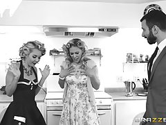 Gorgeous housewife and her sexy maid started making love when her husband went to work