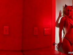 Hot blonde lady, Alix Lynx is wearing nothing but her lingerie while getting ready to be naughty