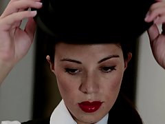 Seductive woman in black, erotic stockings and shoes with high heels got fucked until she came